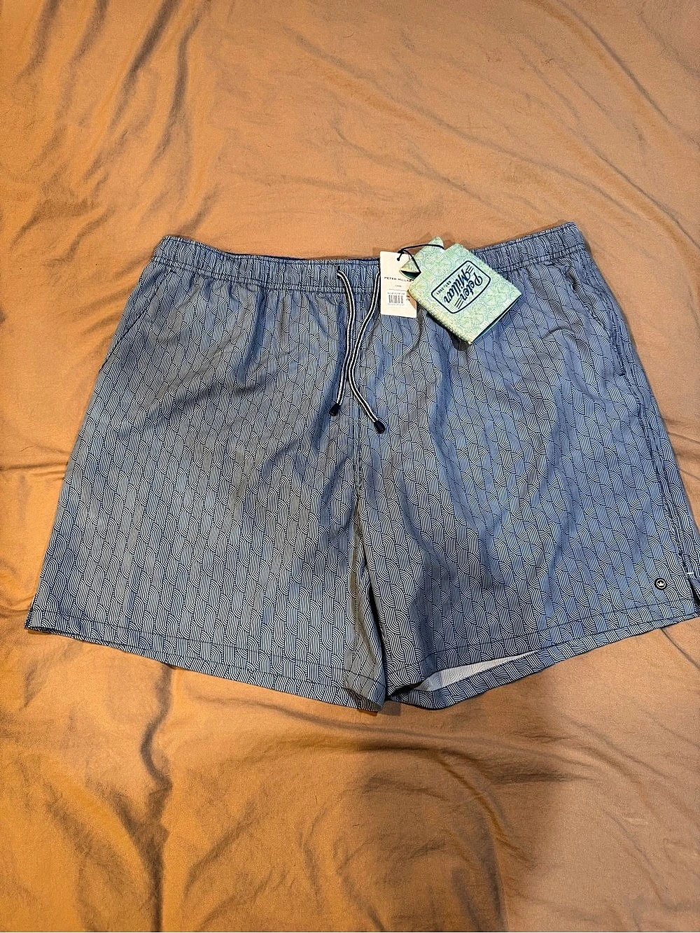 Peter Millar Style MS23EK84A Geometric Swim Trunks in Blue & White XL NWT